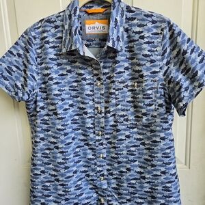 Orvis Womens Blue Fish Patterned Short Sleeve Camp Shirt Sz Lg